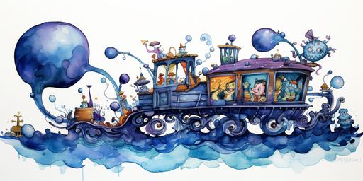 Indigo parade float, precisionism in alcohol ink, cartoon style, simple, ink on paper, comic, print, --ar 2:1 --v 5.2