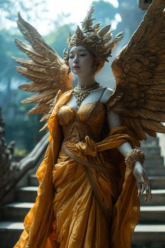 Indonesian traditional goddess, beautiful albino goddess with iridescent wings spread, golden robe, eagle's feet, snake tail, holding silver sword, shot with standard lens, floating in center of city, Sony Alpha 7R 50mm F1.2 8k --ar 2:3 --v 6.0 --style raw --s 750
