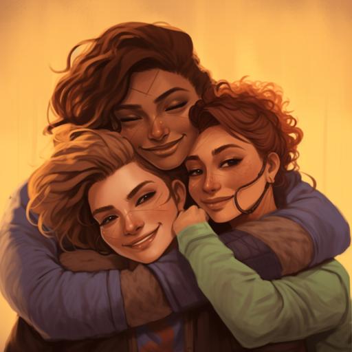 LGBT, lesbian, beautiful, throuple, hugging, the person in the middle is the leader