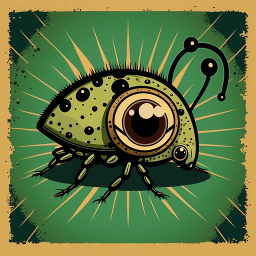Inocent eyes cute lauging bacteria eating an beetle pentatomidae, manga cartoon stile, on a diffuse colored background marked on a tarot type card.