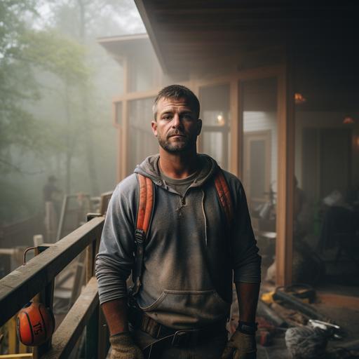(Insane Cool Contractor, Frustration with Google, New House, Fall Vibrancy, Foggy Backdrop, Leica M10-R, Moderate DOF, Asymmetrical, Cinematic Morning Light, Sharp Clarity, Background Slightly Blurred, Off-Center Positioning, Dramatic Ambience, Direct Gaze into Camera).
