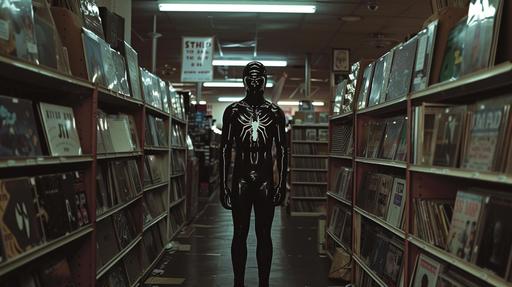 Inside a used record store, a Scorpion Man in black full-body tights with a white picture of a Scorpion on his face stands in the middle of the aisle. Only one light is on, and it looks dark., --ar 16:9