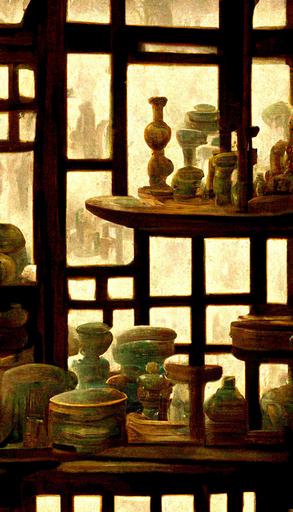 Inside an antique shop in China, bamboo shadows are cast on the tables of the antique shop through a Chinese hollowed-out window on a rainy late summer day. In the quiet antique store, the shelves are crowded with collections. animation art, fantasy, translucent color wash, serene, cinematic, smooth, detailed, soft palette, hyperrealism,  very small aperture, clear reflection, post production, post-processing, 8k, retouch, HDR, Super-Resolution,  Soft Lighting, Ray Tracing Global Illumination, Crystalline, Lumen Reflections    --ar 9:16