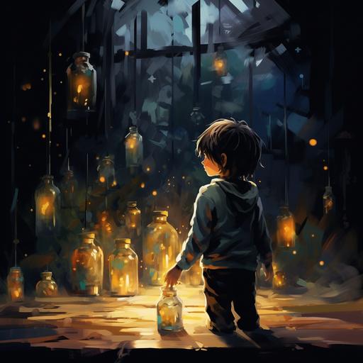 Inside the warehouse, the boy was fascinated by the bottle and took it, touched it and hugged it - and again hugged it and touched it, and wanted to ascertain its shape. It was transparent, and there was a little oil in it - he turned it over and from it dripped drops, like flying fireflies cartoon