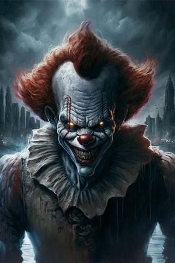 realistic stunning three quarters portrait of Pennywise the Clown facing the camera, strong powerful pose, blurred demolished city in the background, Jhonen Vasquez, Basil Wolverton --ar 2:3