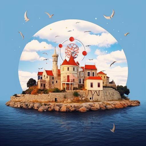 Instagram story Cover icon , White backgorund logo , story icon ,          Turkey in Çanakkale , Bozcaada , island , logo , draw , cartoon , illusturation , 2d , 8k Ultra detailed , unreal engine , wildmill, castle , create a website logo like pa professional designer, in a circle, with a white background color, no background
