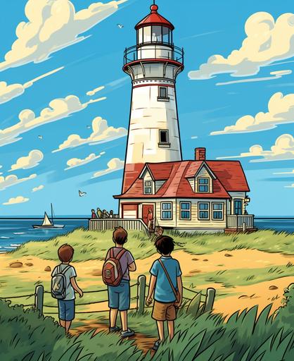 Kids illustration cape cod vacation, cartoon style, thick lines, low detail, vivid color, simple --ar 9:11