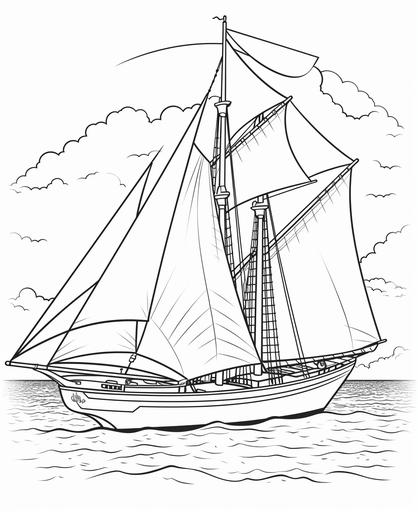 coloring page for kids cape cod sail boat in bay, cartoon style, thick lines, low detail, no shading, simple --ar 9:11