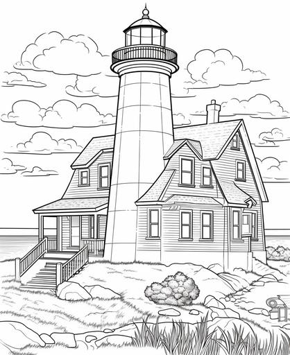 coloring page for kids cape cod vacation, cartoon style, thick lines, low detail, no shading, simple --ar 9:11