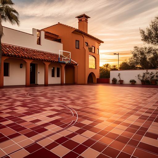 a basketball court inside of a modern spanish tile inspired home, with red tile flooring in 8k during a sunset