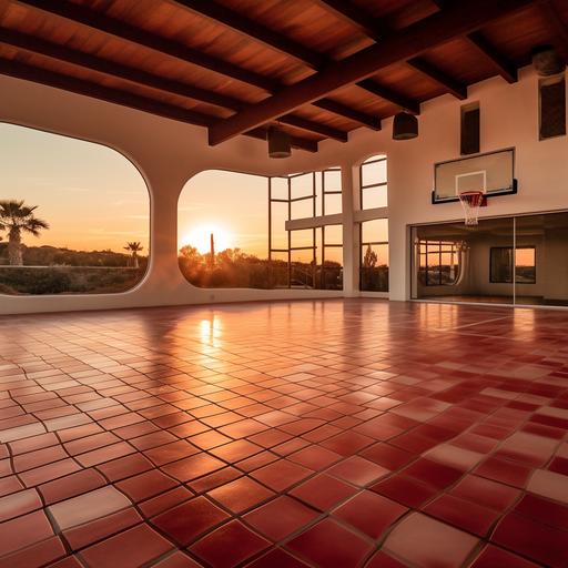 a basketball court inside of a modern spanish tile inspired home, with red tile flooring in 8k during a sunset