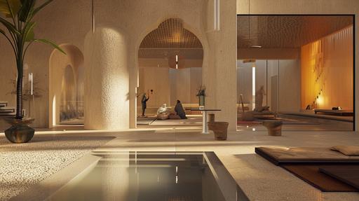 Interior Modern architecture, with Arab people in the living room, with Islamic patterns on the walls, minimalist Arabic style residential architecture of cream stucco, in the Arabian desert, with artificial lighting, with sand dunes, with date Palm trees, with dramatic lighting and colorful glass inspired by Sabine Marcelis, evening photo with reflective water, Hyper-realistic, cinematic lighting, MIR render 8K, architectural 3d render, architect Pitsou Kedem, photograph by Julius Shulman, --ar 16:9 --style raw --stylize 50 --v 6.0