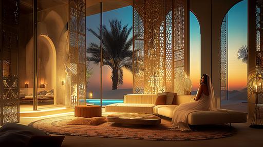 Interior Modern architecture, with Arab women in the living room, with Islamic patterns on the windows, minimalist Arabic style residential architecture of cream stucco, in the Arabian desert, with artificial lighting, with sand dunes, with date Palm trees, with dramatic lighting and colorful glass inspired by Sabine Marcelis, evening photo, Hyper-realistic, cinematic lighting, MIR render 8K, architectural 3d render, architect Pitsou Kedem, photograph by Julius Shulman, --ar 16:9 --style raw --stylize 50 --v 6.0