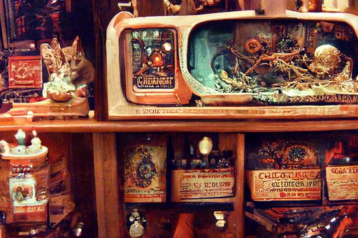 Interior bodega-cam shot of a cat in a 1980s Florida truck-stop gift shop sitting on a traditional antique precision-engineered modular Old Bavarian handcrafted walnut burl dia de los muertos Day of the Dead meerschaum rauchenbahn pipe-organ smoking cuckoo-clock industrial CRT-VR Television China Cabinet BBQ grill faceplate helmet modeled by Mia Farrow in Rosemary's Baby, with an array of ermine and bird-feather peripheral dongles, backlit lighting green paisley speaker-amp panels, backlit etched daguerreotype uraniumglass faceplate, copper-mesh wraped rubber hosing, traditional Prussian Jägermarkt photography (rule-of-sevenths), and baby sharks bottled in blue formaldehyde --ar 14:9 --upbeta --upbeta --upbeta --c 0 --seed 1026 --upbeta --upbeta --c 1 --seed 1026 --hd --c 0 --seed 1026