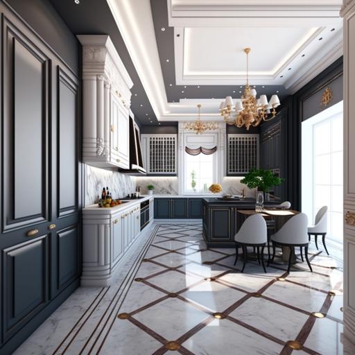 Interior design for kitchen with white ceiling and grey marble floor and neoclassical style, furnished kitchen high quality 8k