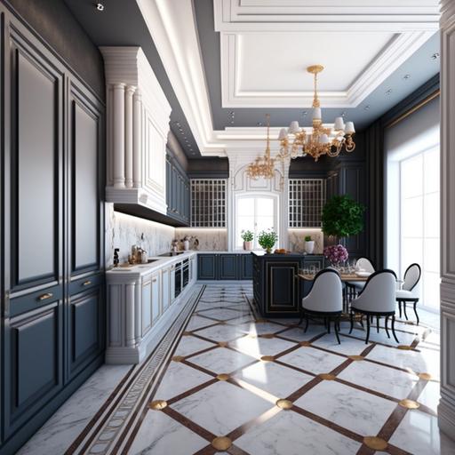 Interior design for kitchen with white ceiling and grey marble floor and neoclassical style, furnished kitchen high quality 8k
