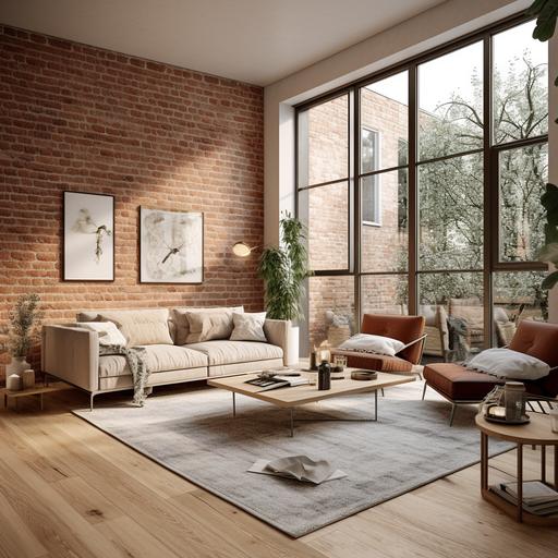Interior design of a living space, photo realistic style, cosy Scandinavian style, architectural photography style, natural lighting, floor to ceiling windows, scandinavian decor, red brick feature wall, wide angle shot, make reference to Norm Architects projects — ar 16:9