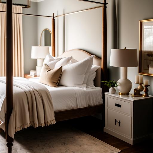Interior design photo of a bedroom, with soft beige walls, white linen bedding, a plush wool area rug in a light taupe color, a simple wooden nightstand with a brass lamp, and a natural wood four-poster bed frame. Shot on a Nikon Z7 II with a 85mm lens at f/2.8, ISO 100, and 1/125 second exposure. Megapixel resolution: 45.7 MP. Filter: Warm color filter for a cozy atmosphere. --s 1000