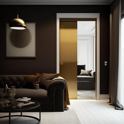 Interior sliding door, gold finish, modern off white interior with dark brown leader sofa and brass modern downlight