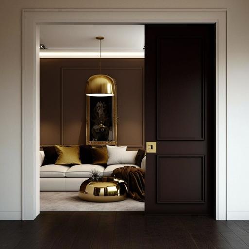 Interior sliding door, gold finish, modern off white interior with dark brown leader sofa and brass modern downlight