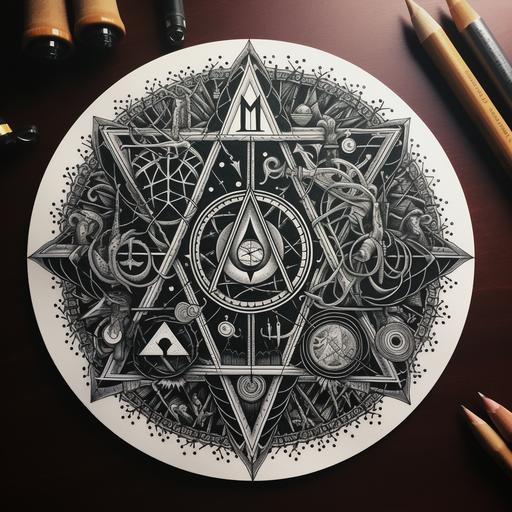 Interlocked M's in a magical circle with alchemical symbols, mythical creatures, runes, sacred geometry, celestial triangles, and astronomic motifs in a blackwork style