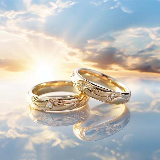 Interlocking wedding rings, glistening sunlight, pastel blue sky, delicate cloud setting, soft gold tones