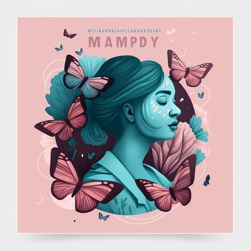 International Women's Day with butterfly poster 8 mars illustration solid background soft color pink teal soft blue wonderful illustration fantastical