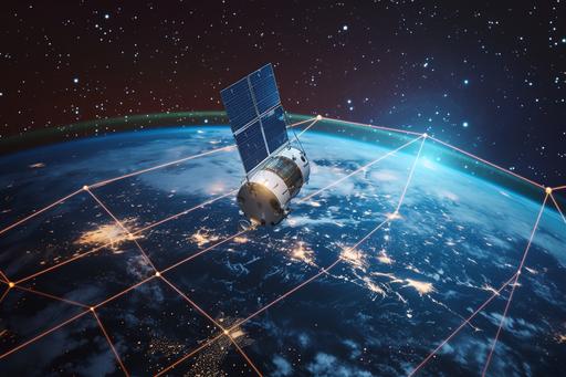 Internet satellites orbit the Earth with Starlink satellite technology communication concept 3D cartoon illustration showing solar panels --ar 3:2 --v 6.0