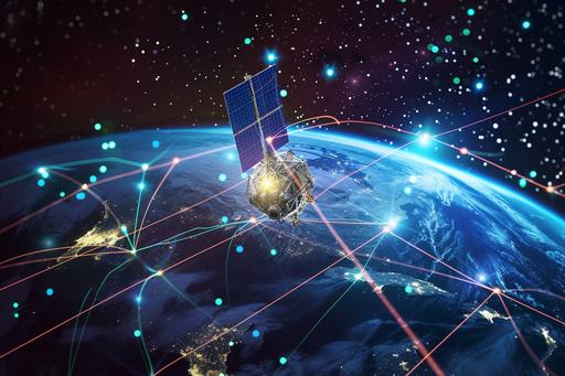 Internet satellites orbit the Earth with Starlink satellite technology communication concept 3D cartoon illustration --ar 3:2 --v 6.0