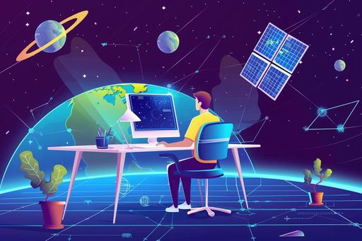 Internet satellites orbit the Earth with Starlink satellite technology communication concept 3D cartoon graphic illustration showing solar panels direct to person sitting at their computer in a home office --ar 3:2 --v 6.0