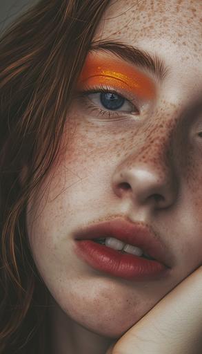 Intimate close-up portrait of a young woman with freckles, striking orange eyeshadow, and full lips, capturing a moment of candid expression --s 0 --v 6.0 --ar 4:7