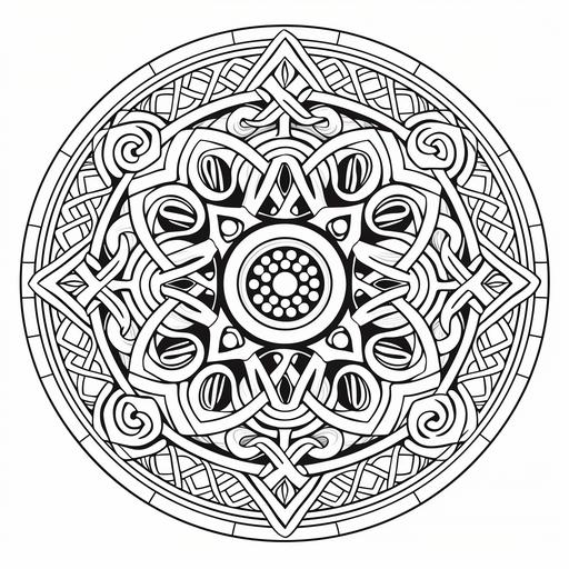 Intricate Celtic knot mandalas, spirals, triskele, woven filigree patterns, line drawing illustration, no colors, white background, detailed designs for coloring book