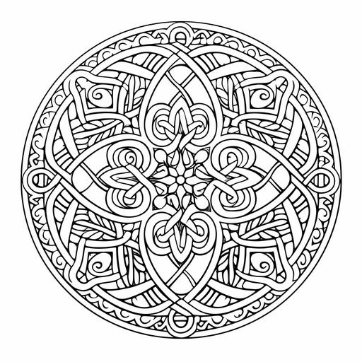 Intricate Celtic knot mandalas, spirals, triskele, woven filigree patterns, line drawing illustration, no colors, white background, detailed designs for coloring book