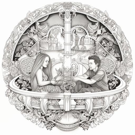 Intricate Mandala Coloring Book of two people in a hot tub