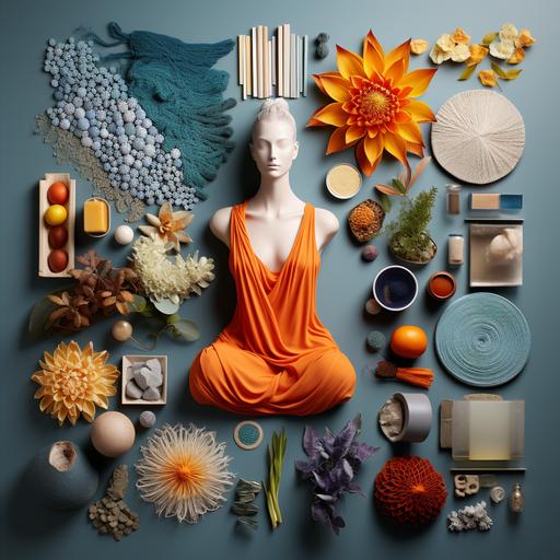 Intricate moodboard, viewed through an electron microscope, that captures the premium spirit of yoga, wellness, mindfulness, include yoga equipment, color swatches, design patterns, and images that reflect the emotion, purpose, aesthetic, orange, beige, blue, colors, bright, luxurious --s 250