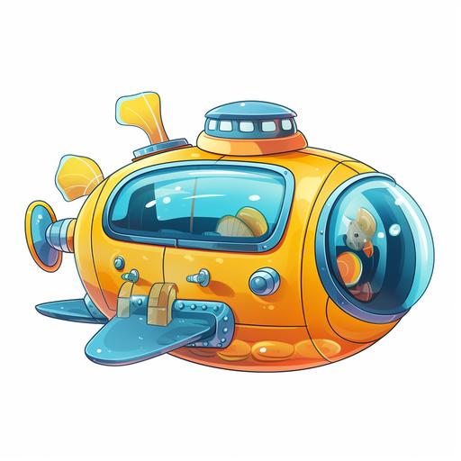 Introduce a cute, cartoon-style submarine exploring underwater. White background. Disney style.