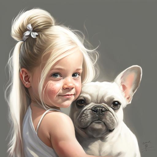 Introduces Stacey and her bulldog, Archie( a blond small girl with ponytail and gray French mini bulldog )