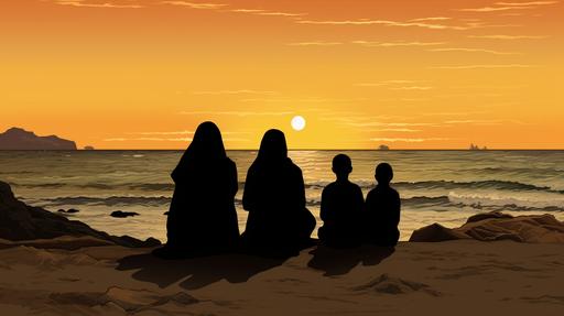 Iranian Muslim family of 5 with hijab watching the sunset on the modern beach of Kish Island. Map style. cartoon style. Super detail. --ar 16:9