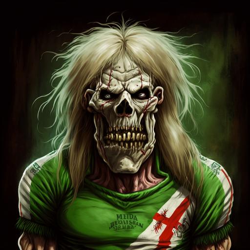Iron Maiden's Eddie the head in a green and white soccer jersey