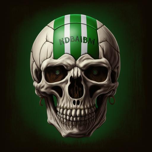 Iron Maiden's Eddie the head in a green and white soccer jersey