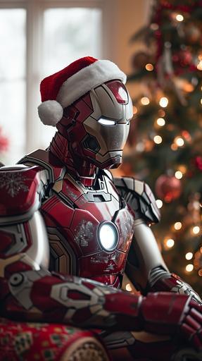 Ironman sitting on a chair by a christmas tree, looking awkward, in an ugly sweater and santa hat, christmas decorated old house, style of 60s photo. --chaos 10 --ar 9:16 --stylize 250 --weird 10 --v 6.0