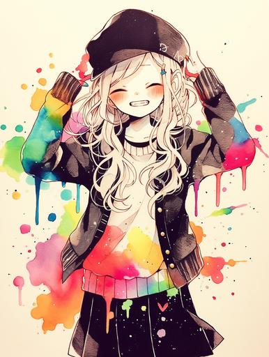 I'm in an amazing mood, splattered ink, thick black lines, graffiti girl --style cute --ar 3:4 --q 2 --s 50 --niji 5 --v 5