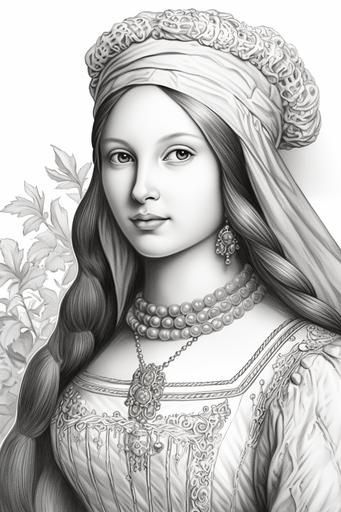 Isabella d'Aragona, long hair, sweet look with slight smile, Dressed as an Italian Duchess of 1500, round hat, italian ethnicity, coloring page for adults, outline, Precise details and line --ar 2:3 --q 2 --s 250