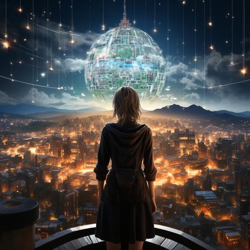 Isekai style girl, long bangs, wearing obsidian skirt, blond hair peach highlights, standing on a scenic view of a futuristic city made of spreadsheets --v 5.2 --s 750