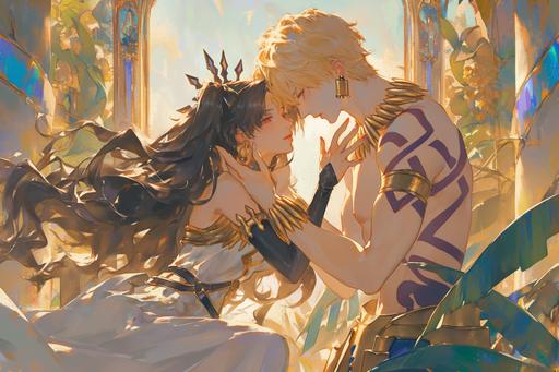 Ishtar, the goddess, with beauty untamed, Desired the king, her passions inflamed. She offered her love, her hand, her throne, But Gilgamesh refused, to stand alone. --ar 3:2 --niji 6