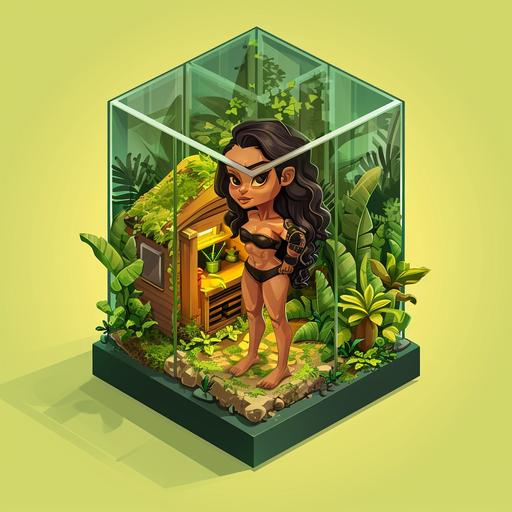 Isometric view of Tiny microhuman, 1-inch-tall, muscular bodybuilder girl with olive skin, thick eyebrows, long eyelashes, heavy black eyeliner, long black curly hair, long straight nose, thin lips, short chin, chubby cheeks, living inside a tiny hut, 3-inches-tall, inside a 6-inches-tall glass cube terrarium on a regular sized office desk. --v 6.0 --style raw