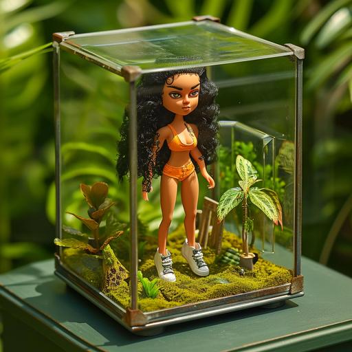 Isometric view of Tiny microhuman, 1-inch-tall, muscular bodybuilder girl with olive skin, thick eyebrows, long eyelashes, heavy black eyeliner, long black curly hair, long straight nose, thin lips, short chin, chubby cheeks, living inside a tiny hut, 3-inches-tall, inside a 6-inches-tall glass cube terrarium on a regular sized office desk. --v 6.0 --style raw