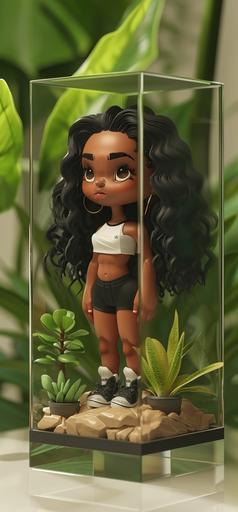 Isometric view of Tiny microhuman, 1-inch-tall, muscular bodybuilder girl with olive skin, thick eyebrows, long eyelashes, heavy black eyeliner, long black curly hair, long straight nose, thin lips, short chin, chubby cheeks, living inside a tiny hut, 3-inches-tall, inside a 6-inches-tall glass cube terrarium on a regular sized office desk. --v 6.0 --ar 47:101 --style raw