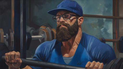 A man with a hat, glasses and a black beard, wearing a blue overall, lifts weights --ar 1920:1080