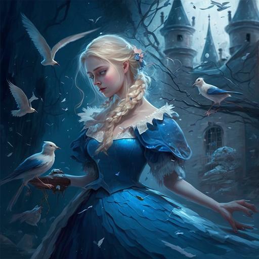 It is a romantic illustration, depicting Cinderella with blonde hair and a blue dress, holding a shining glass slipper against a dark blue castle background littered with small stars and white doves dancing. The feathers fall and the shadows of the trees surround.,real engine 5, Magic of Light, popular on artstation, HD, copy in detail, unreal engine --v 4